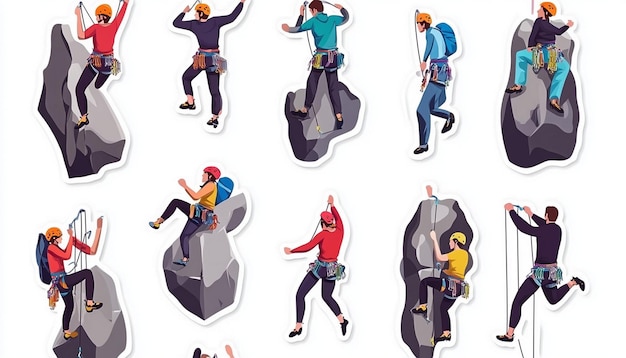 Photo set of climbing illustration stickers with isolated white background adventure equipment clipart