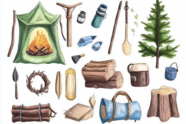 Photo set of clipart camping elements illustration with isolated white background fire bag wood camera