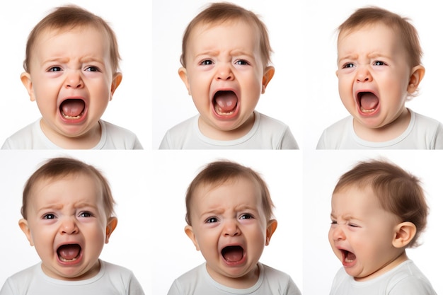 Set of Closeup photo of a cute little baby boy child crying and screaming isolated on white