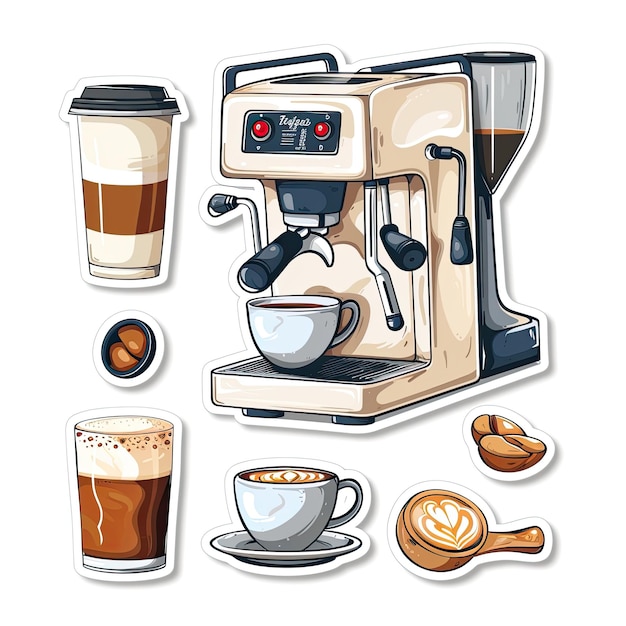 Set of coffee machine and cups in cartoon style