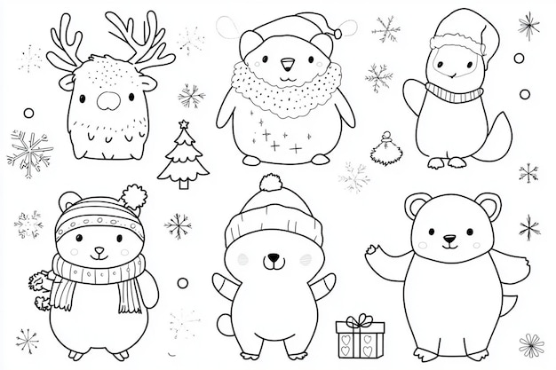 Photo set of collection cartoon animals with hat man box snowmen drawing of deer christmas tree coloring