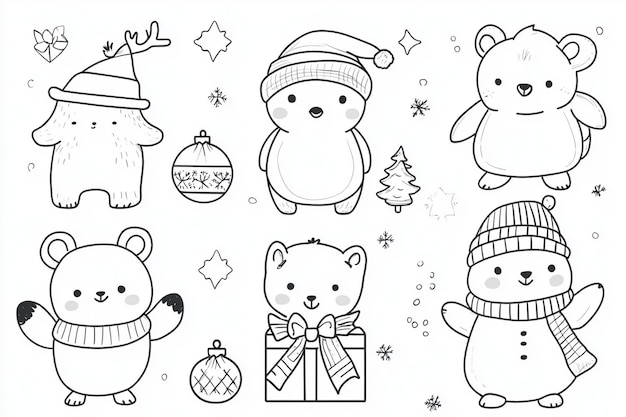 Photo set of collection cartoon animals with hat man box snowmen drawing of deer christmas tree coloring