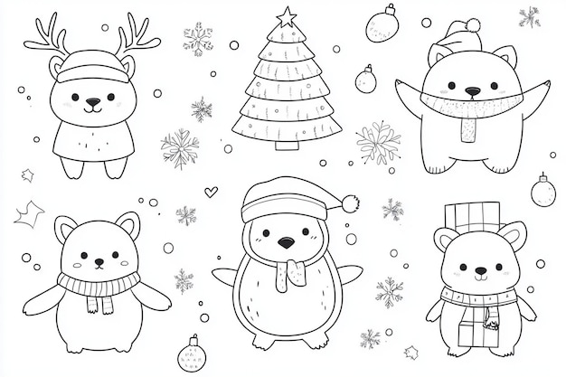 Photo set of collection cartoon animals with hat man box snowmen drawing of deer christmas tree coloring