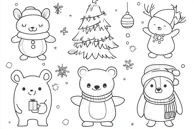 Photo set of collection cartoon animals with hat man box snowmen drawing of deer christmas tree coloring