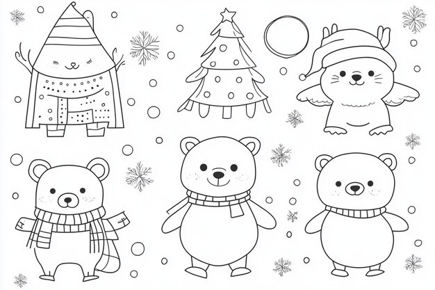 Photo set of collection cartoon animals with hat man box snowmen drawing of deer christmas tree coloring