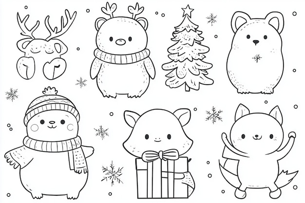 Photo set of collection cartoon animals with hat man box snowmen drawing of deer christmas tree coloring