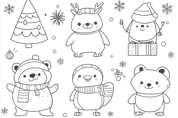 Photo set of collection cartoon animals with hat man box snowmen drawing of deer christmas tree coloring