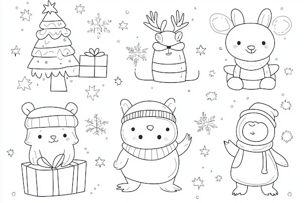 Photo set of collection cartoon animals with hat man box snowmen drawing of deer christmas tree coloring