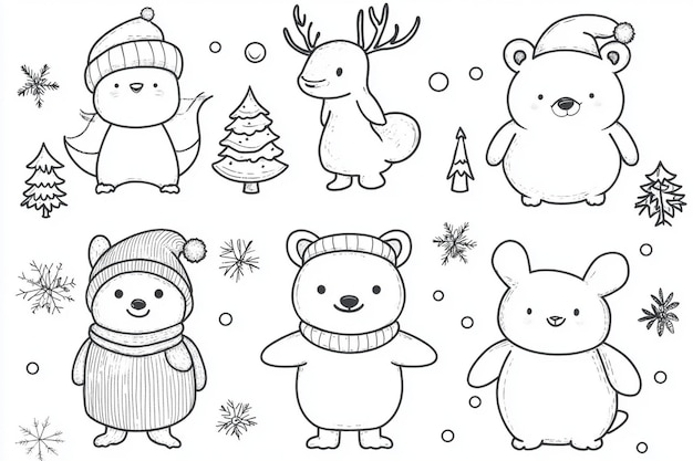 Photo set of collection cartoon animals with hat man box snowmen drawing of deer christmas tree coloring