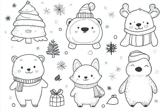 Photo set of collection cartoon animals with hat man box snowmen drawing of deer christmas tree coloring