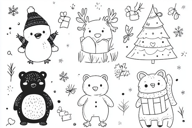 Photo set of collection cartoon animals with hat man box snowmen drawing of deer christmas tree coloring