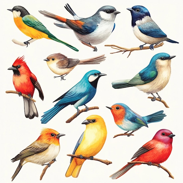 set of collections of birds including colorful birds stickers illustration with isolated white back