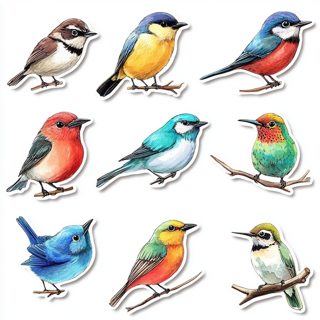 set of collections of birds including colorful birds stickers illustration with isolated white back