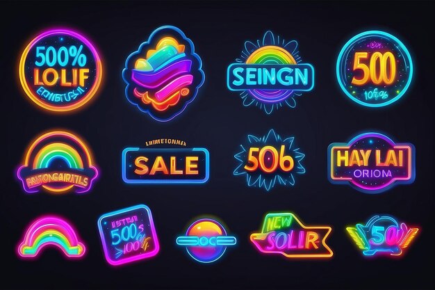 Photo set of color neon stickers label with holographic effect isolated shiny rainbow