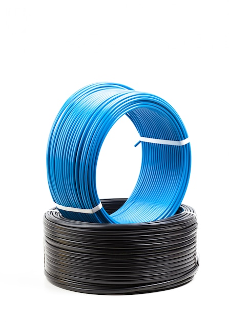 Set colored electric cable on white