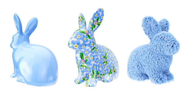 Set of colorful 3d rabbit element in various pose on white isolated background.