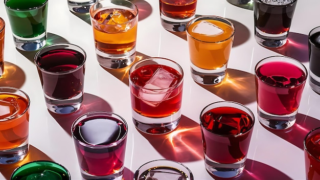 Set of colorful alcoholic cocktails in shot glasses isolated on white with reflection Colletion of shooters