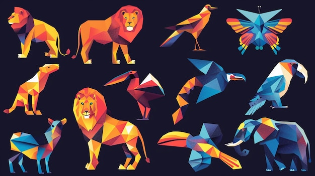 Photo a set of colorful animals with geometric shapes and triangles