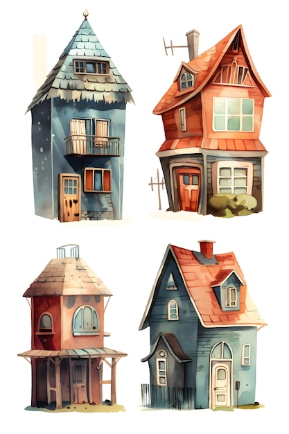 Set of colorful cartoon houses with whimsical fairytale design