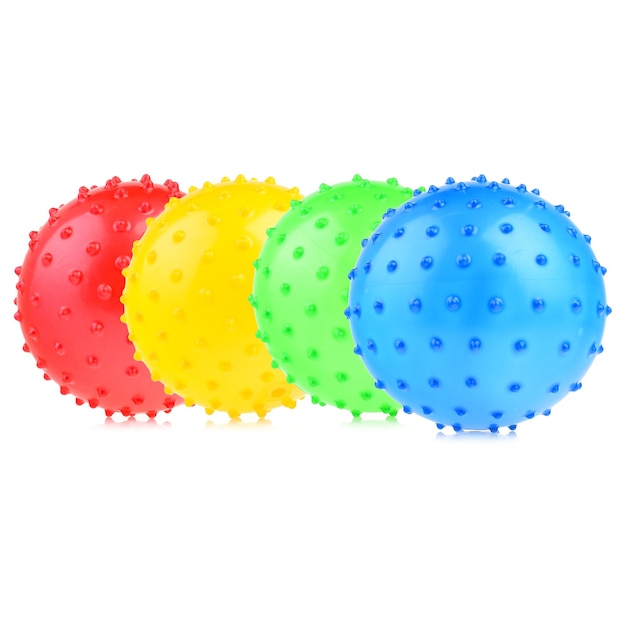 A set of colorful children's rubber balls Lots of colored balls isolated on a white background Children's toys for active games and development