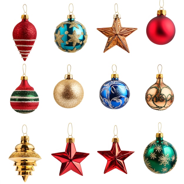 Photo set of colorful christmas tree ornaments including baubles stars and bells on a white background