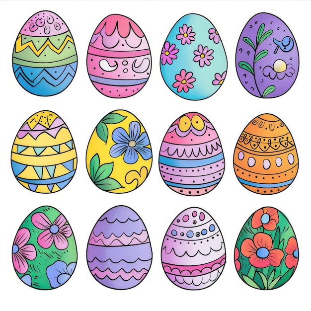 Photo a set of colorful decorated easter eggs with flat color and black outlines full of festive joy