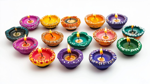 Photo a set of colorful diwali diyas arranged in a pattern