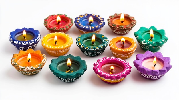 Photo a set of colorful diwali diyas arranged in a pattern