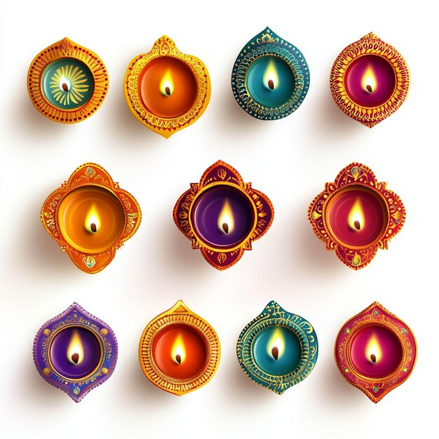 Photo a set of colorful diwali diyas arranged in a pattern