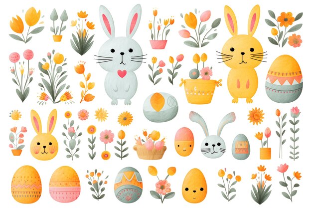 Photo set of colorful easter bunnies eggs and spring flowers isolated on white background