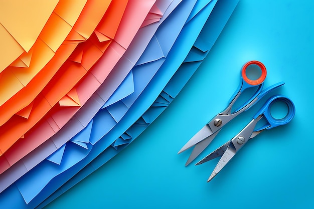 Set of colorful fabric rolls and scissors on a blue background Vector illustration