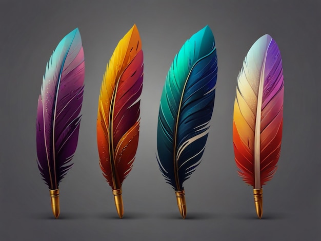 Photo a set of colorful feathers with a gray background