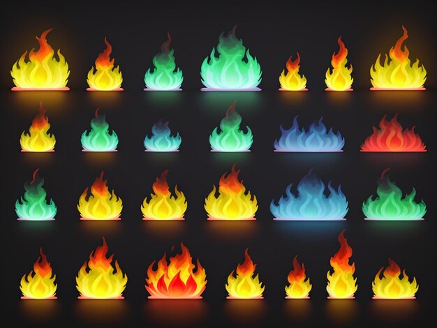 Photo set of colorful fire flames isolated background