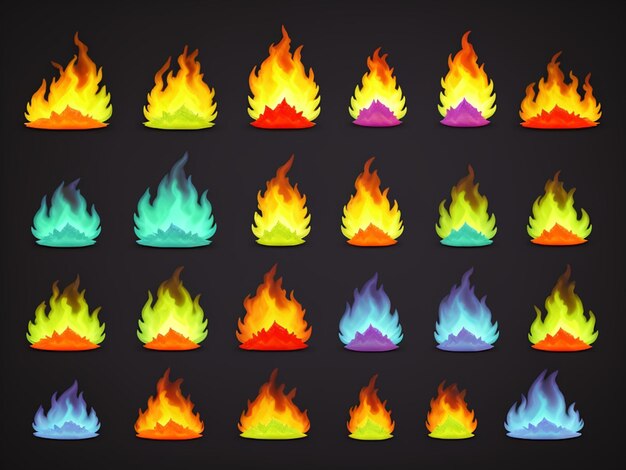 Photo set of colorful fire flames isolated background