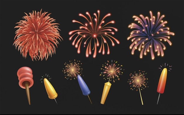 Set of Colorful Fireworks Celebration