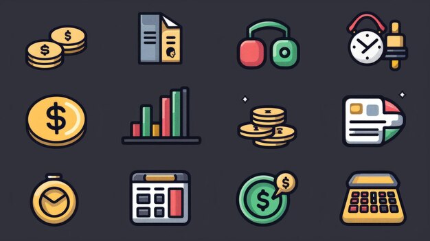 Photo a set of colorful flat icons for business and finance including money graphs headphones and a calcul