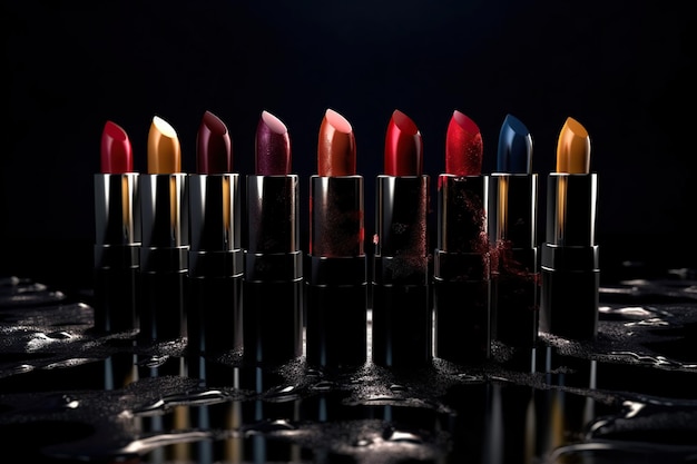 Set of colorful lipsticks with splash on black background