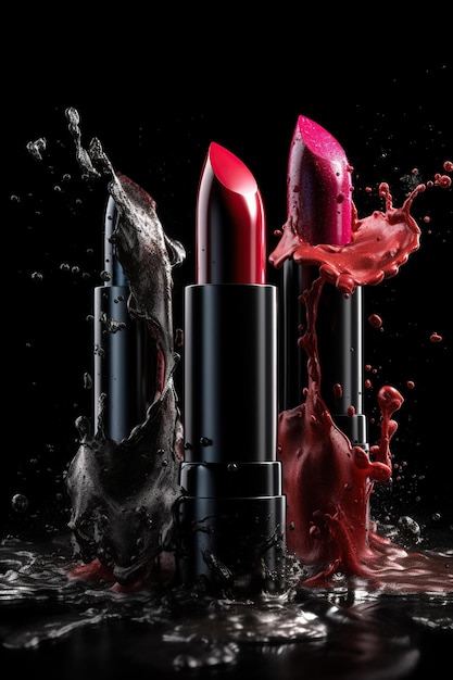 Set of colorful lipsticks with splash on black background