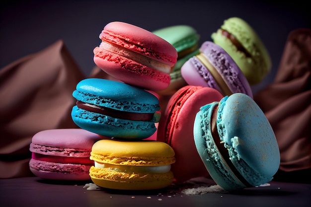 Set of colorful macaroons on black background French delicacy generative ai