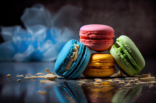 Set of colorful macaroons on black background French delicacy generative ai