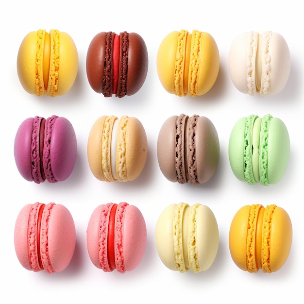 Photo set of colorful macaroons on white background