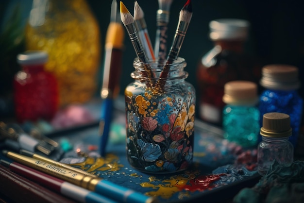 A set of colorful paintbrushes and paints on an easel for an artistic and creative lifestyle