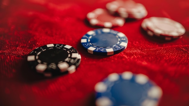 A set of colorful poker chips scattered on a rich red fabric hinting at the excitement and tension of a casino game