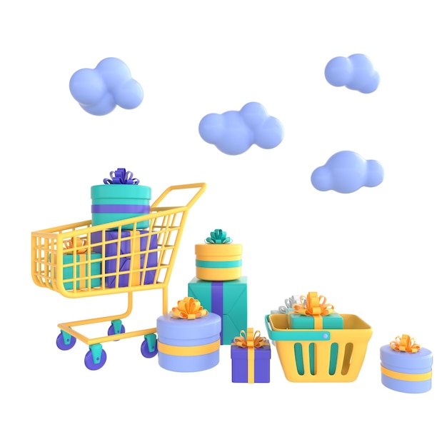 Set of colorful present boxes shopping cart Online shopping concept 3d render png illustration