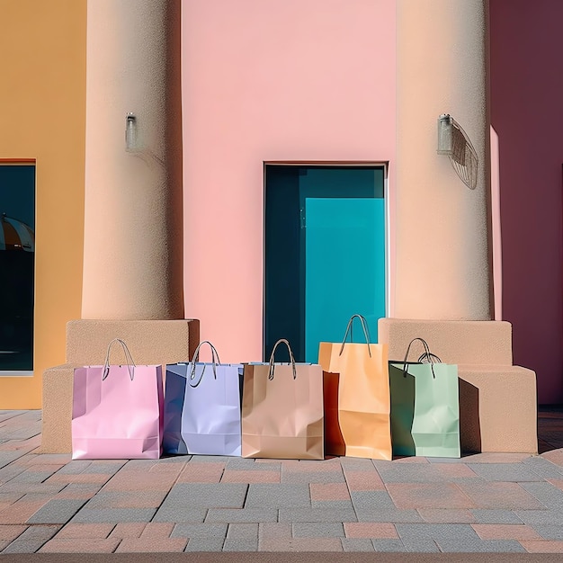 A set of colorful shopping bags with handles Paper shopping bags close up Shopping days