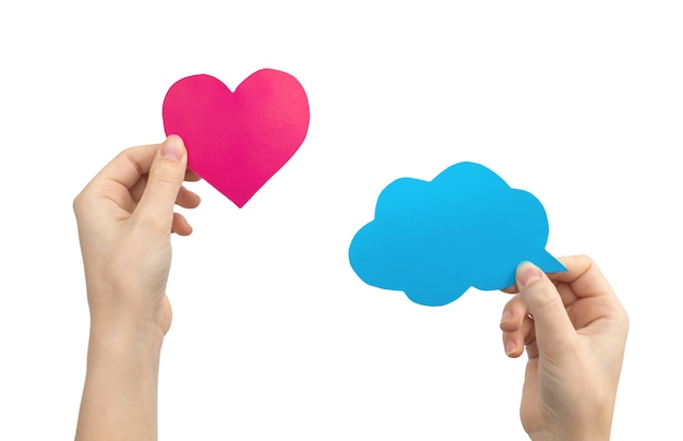 Set of colorful speech bubbles in female hands, shape of heart and cloud, mockup text message, isolated on a white background photo