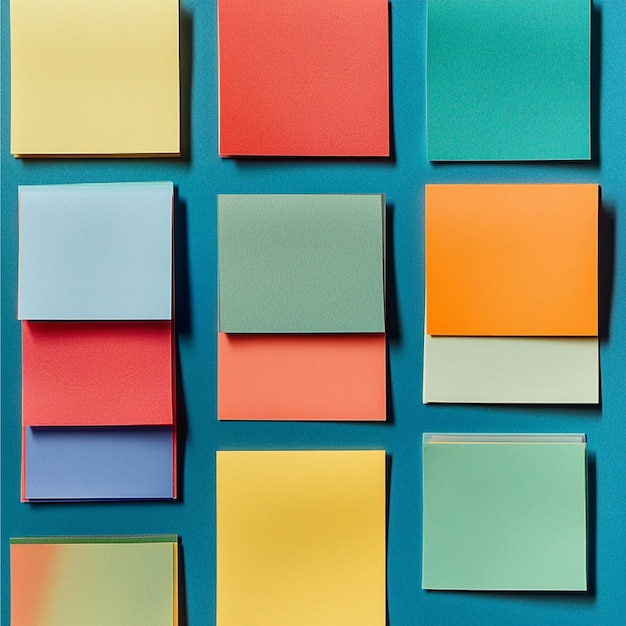 Photo a set of colorful sticky notes and index cards arranged in an aesthetically pleasing way