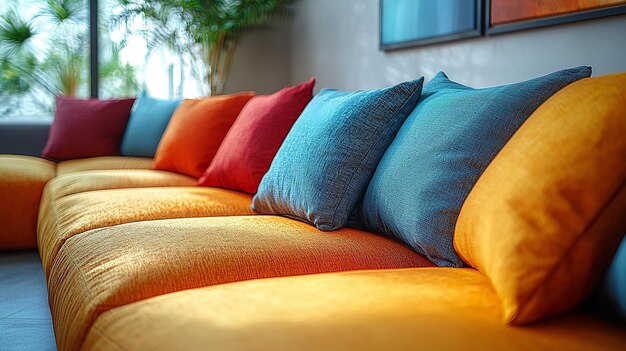 Photo set of colorful throw pillows on the sofa