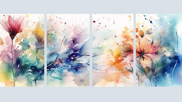 Set of colorful watercolor floral backgrounds Spring flowers Watercolor painting generative ai