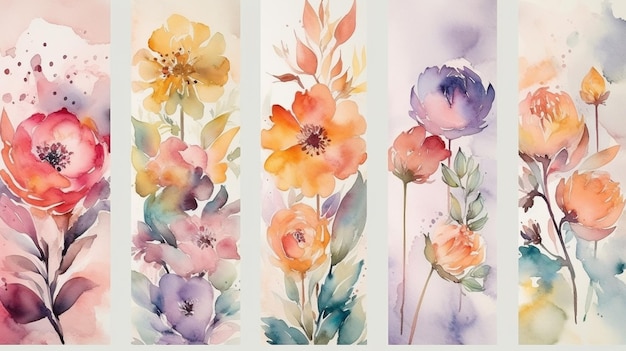 Set of colorful watercolor floral backgrounds Spring flowers Watercolor painting generative ai